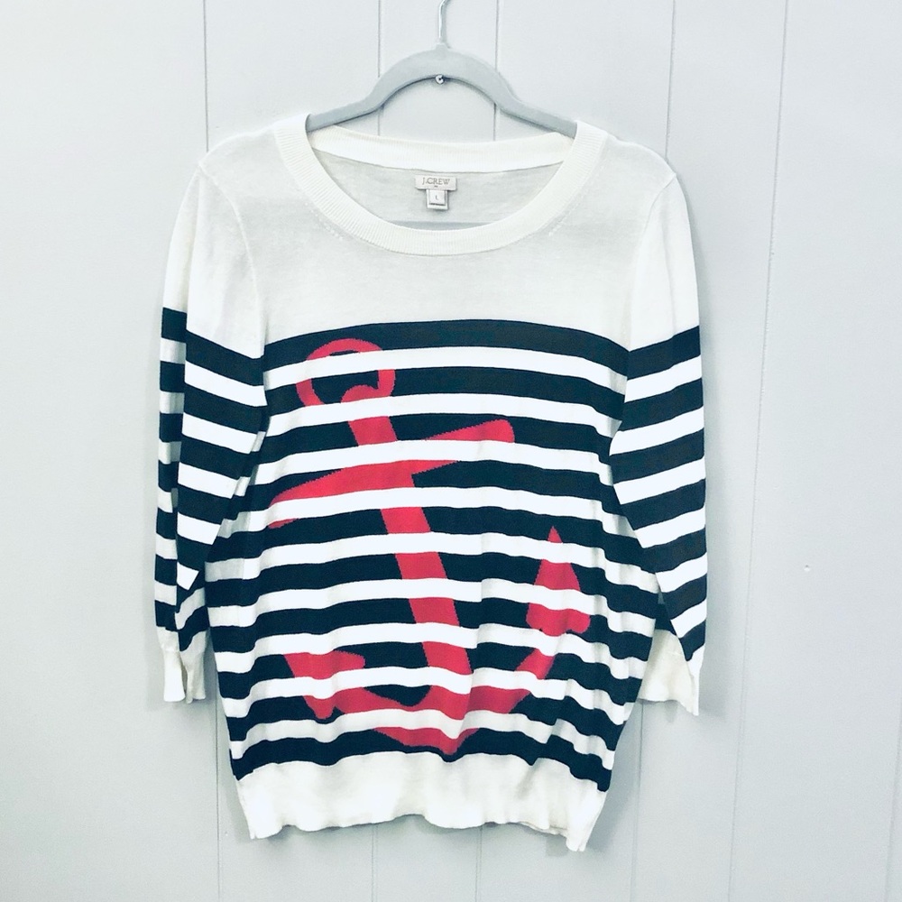 JCrew Sweater 100% Cotton Nautical Stripes Anchor Red White Navy Lightweight L